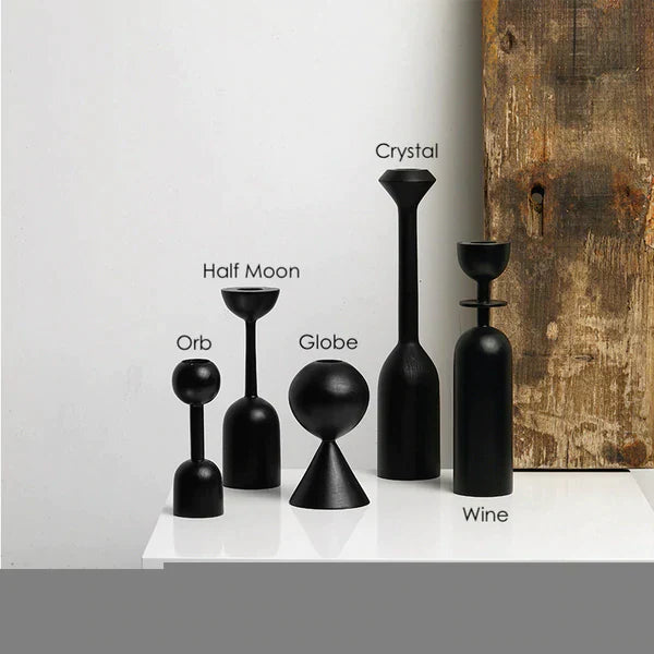 Black Wooden Taper Candle Holders Set of Two with Modern Geometric Design