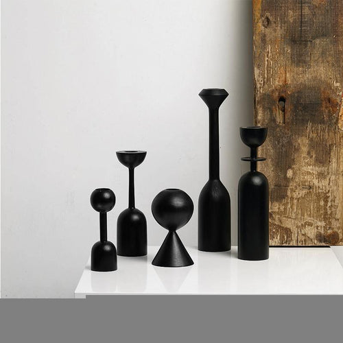 Black Wooden Taper Candle Holders Set of Two with Modern Geometric Design