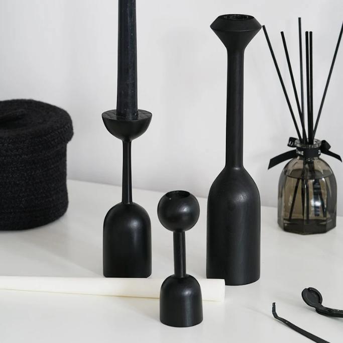 Black Wooden Taper Candle Holders Set of Two with Modern Geometric Design