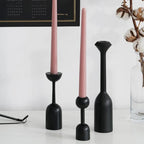 Black Wooden Taper Candle Holders Set of Two with Modern Geometric Design