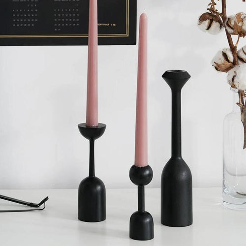 Black Wooden Taper Candle Holders Set of Two with Modern Geometric Design