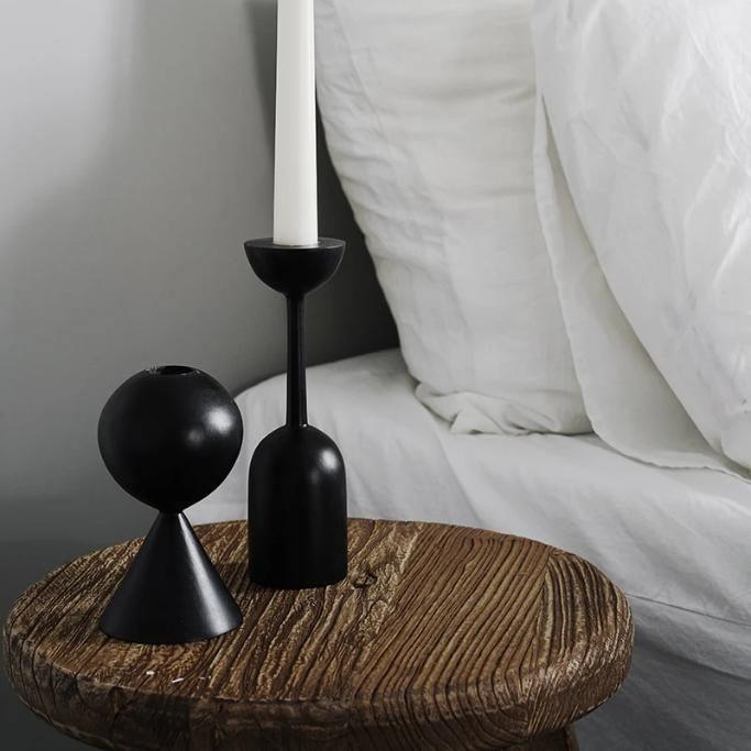 Black Wooden Taper Candle Holders Set of Two with Modern Geometric Design