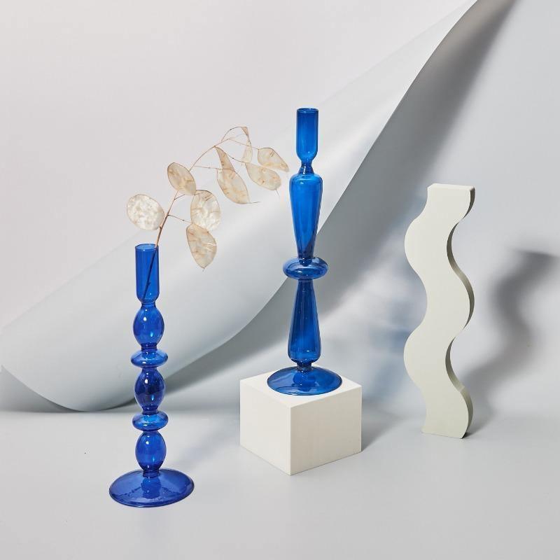 Blue Glass Taper Candle Holders Set with Modern Sculptural Design