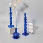 Blue Glass Taper Candle Holders Set with Modern Sculptural Design