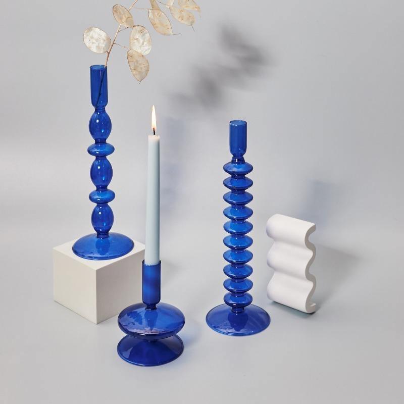 Blue Glass Taper Candle Holders Set with Modern Sculptural Design