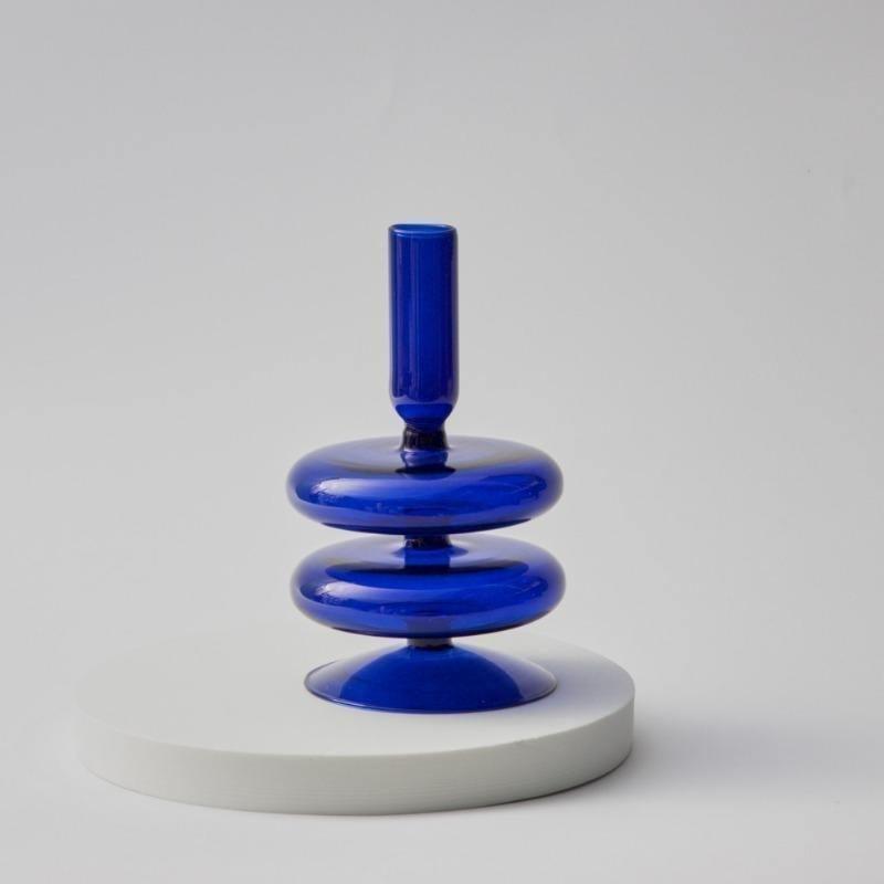 Blue Glass Taper Candle Holders Set with Modern Sculptural Design