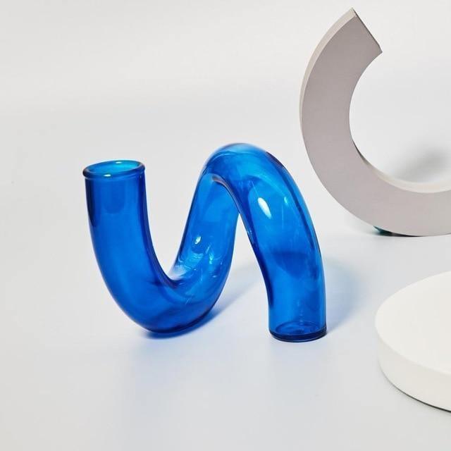 Blue Glass Taper Candle Holders Set with Modern Sculptural Design