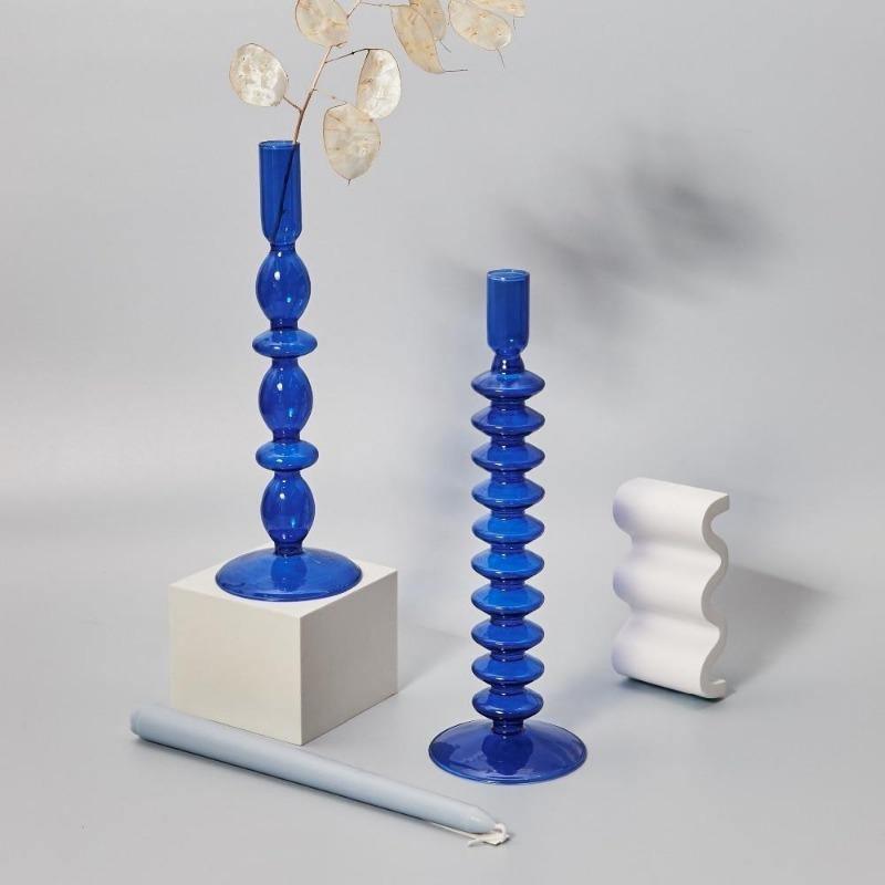 Blue Glass Taper Candle Holders Set with Modern Sculptural Design
