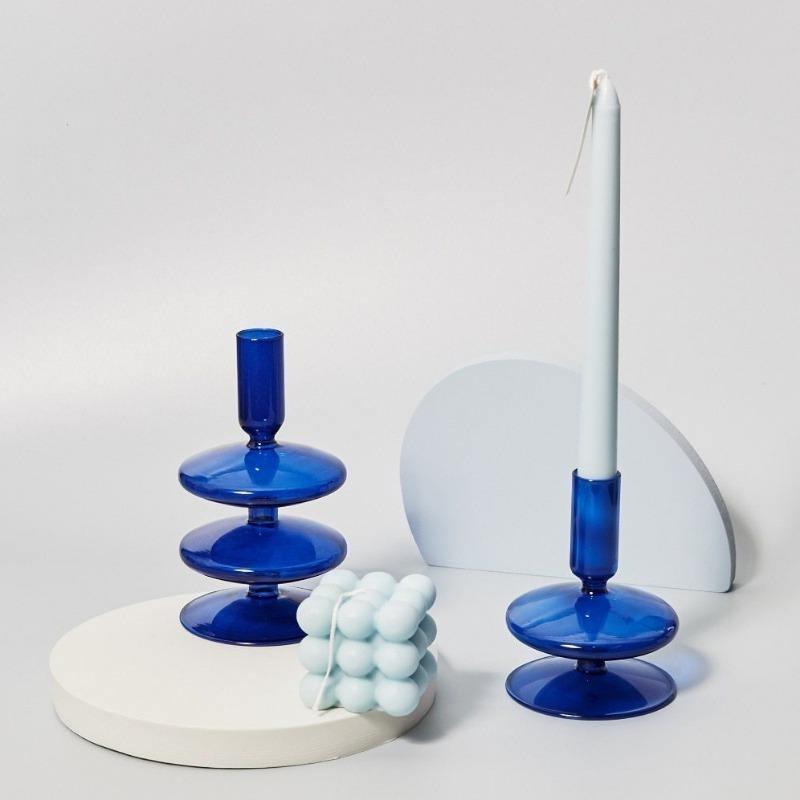 Blue Glass Taper Candle Holders Set with Modern Sculptural Design