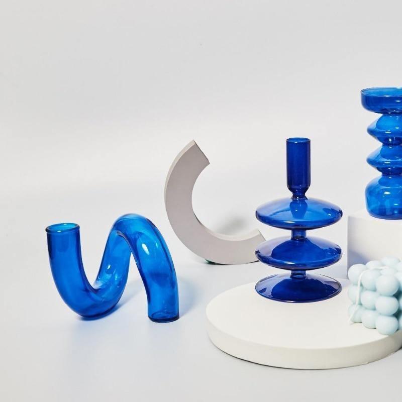 Blue Glass Taper Candle Holders Set with Modern Sculptural Design